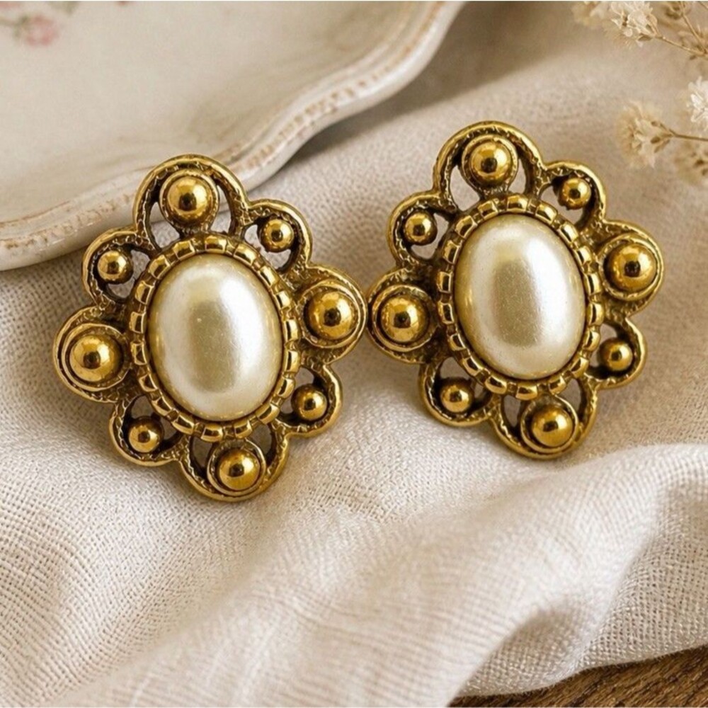 Vintage Victorian Revival Faux Pearl Gold Tone Stud Earrings Ornate Baroque